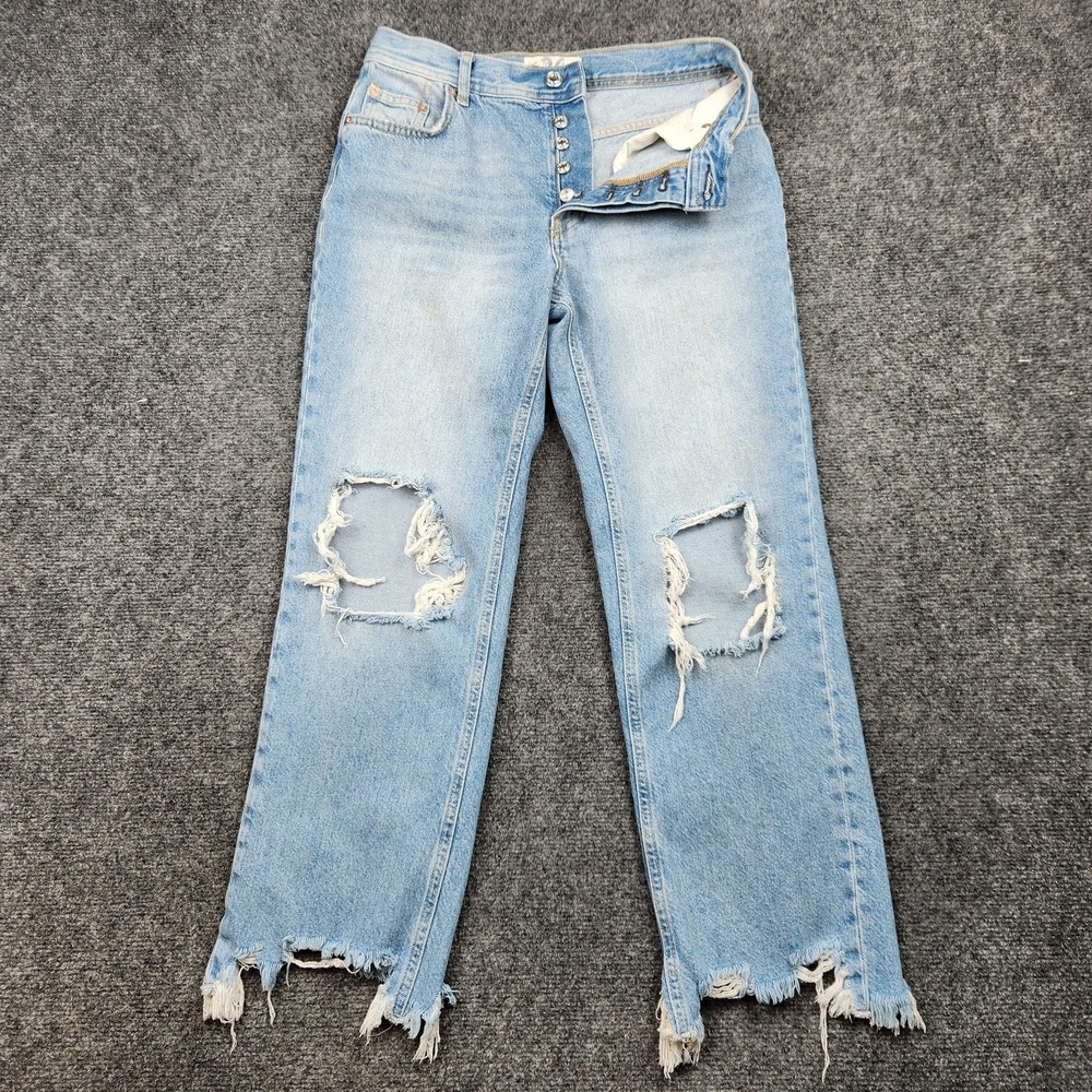 We The Free Jeans Womens 26 Light Wash Blue High Rise Straight Distressed Denim‎